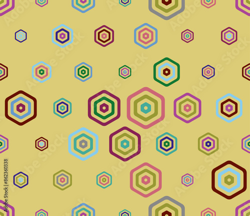 Seamless mosaic background. Multicolored geometric elements of varied size. Bold rounded stacked hexagon cells. Large honeycomb cells. Tileable pattern. Seamless vector illustration.