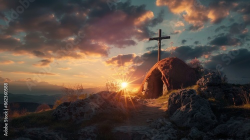 Tomb and Crucifixion SceneSun Rising in the Background - Vintage Aesthetic  
 photo