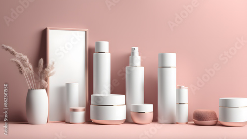 A row of white beauty products are displayed on a pink background