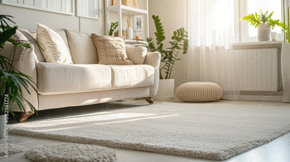 Fototapeta premium A tidy living room with a freshly vacuumed carpet, dust-free surfaces, and cushions perfectly arranged on a sleek sofa.