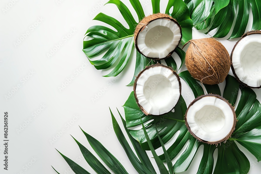 Top view of fresh coconuts and green leaves on a white background. Perfect for tropical themes, healthy food, and natural beauty concepts.