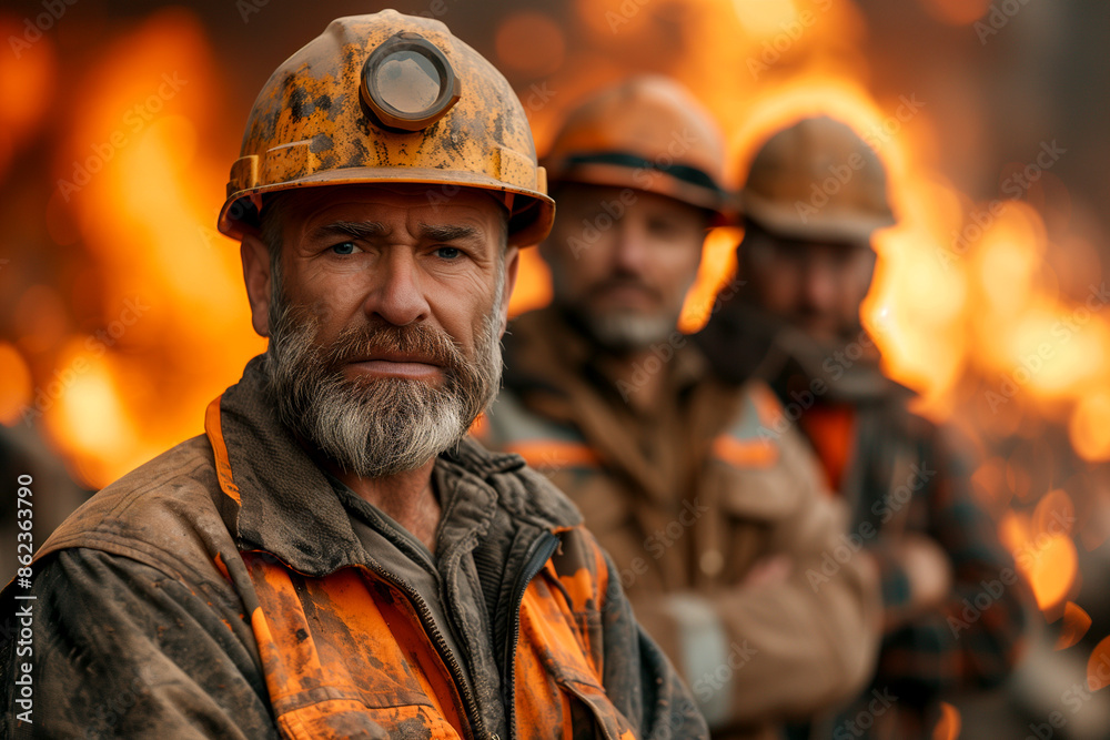 A man with a hard hat and a beard stands in front of a fire. He is wearing an orange vest A man with a hard hat and a beard stands in front of a fire. He is wearing an orange vest