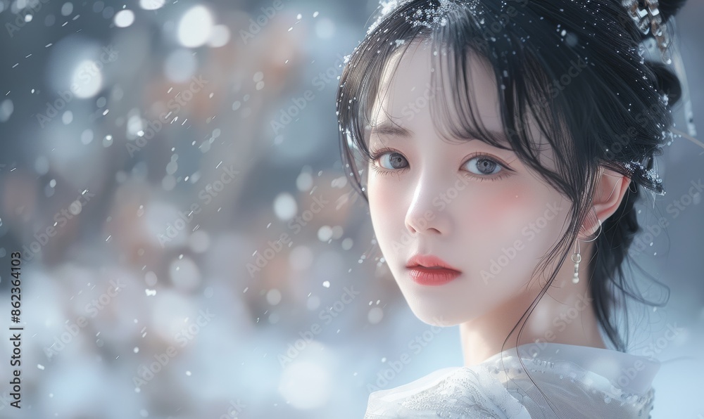 A portrait of a young Asian woman in a white dress, beautifully cosplaying with a costume adorned with small flowers. A portrait of a young Asian woman in a white dress, beautifully cosplaying with a costume adorned with small flowers.