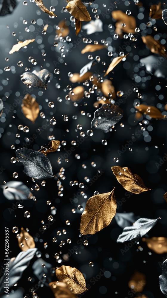 Elegant gold and silver leaves with water droplets in mid-air, creating a delicate contrast Elegant gold and silver leaves with water droplets in mid-air, creating a delicate contrast