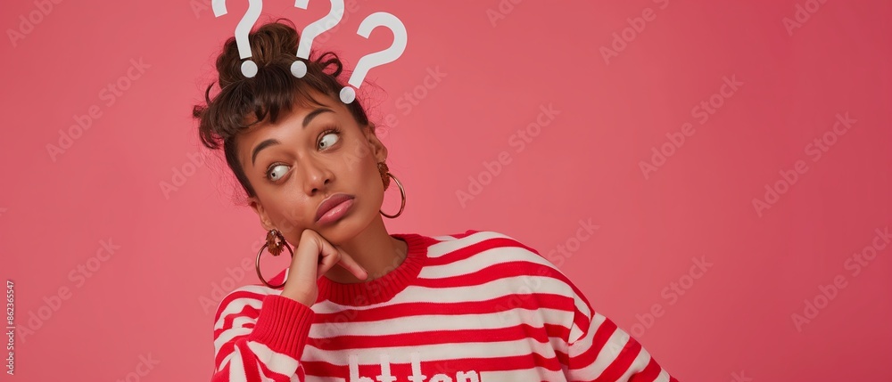 A woman wearing a red and white striped shirt with question marks on her head, against a pink background in a thinking pose. A woman wearing a red and white striped shirt with question marks on her head, against a pink background in a thinking pose.