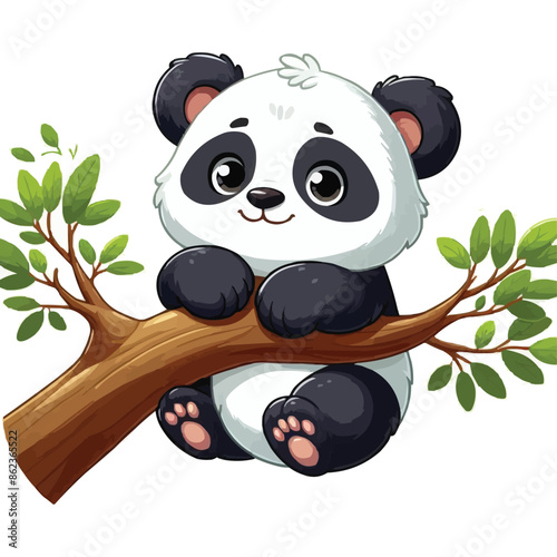 Cartoon little panda on tree branch vector illustration