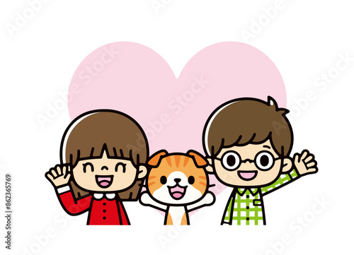 大きなハートの前で笑顔で手を振るかわいいアジアの子供たちとペットの猫のイラスト