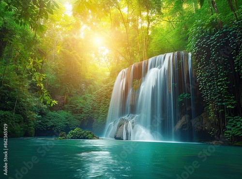 Sunlit Waterfall in Lush Tropical Jungle