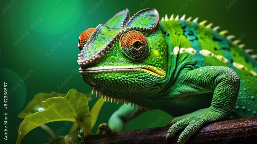 Obraz premium A green chameleon sits on a brown branch, looking at the camera.