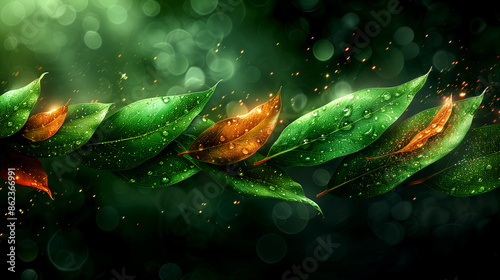 A green leafy plant with a few brown leaves. The leaves are wet and shiny. The image has a peaceful and calming mood