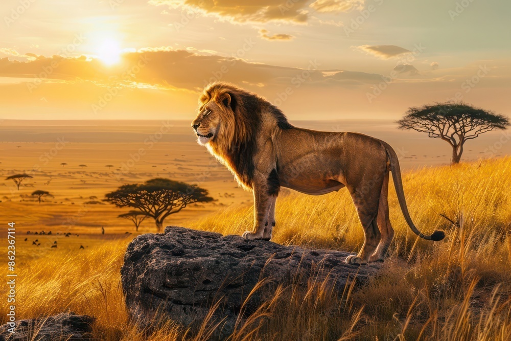 A majestic lion standing on a rocky outcrop in the African savanna, surveying the golden grasslands under a brilliant sunset. Acacia trees dot the landscape, adding to the iconic scene. A majestic lion standing on a rocky outcrop in the African savanna, surveying the golden grasslands under a brilliant sunset. Acacia trees dot the landscape, adding to the iconic scene.