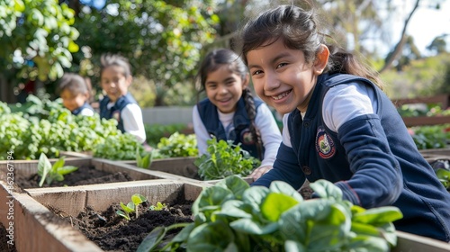 Wallpaper Mural Photo of children planting and growing vegetables in their school's garden, with smiling faces showing social impact. In the background is an outdoor raised bed filled with greens like spinach or sala Torontodigital.ca