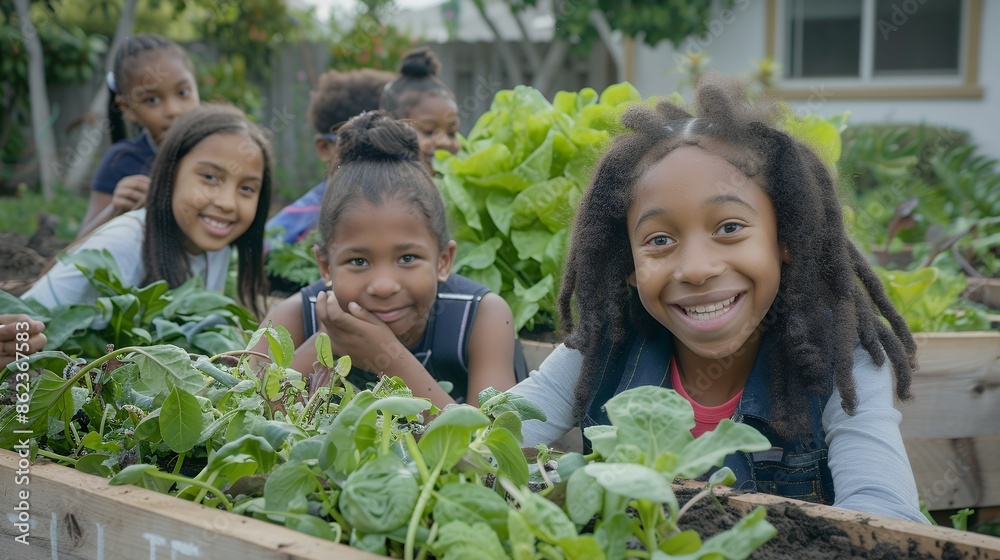 Photo of children planting and growing vegetables in their school's garden, with smiling faces showing social impact. In the background is an outdoor raised bed filled with greens like spinach or sala Photo of children planting and growing vegetables in their school's garden, with smiling faces showing social impact. In the background is an outdoor raised bed filled with greens like spinach or sala