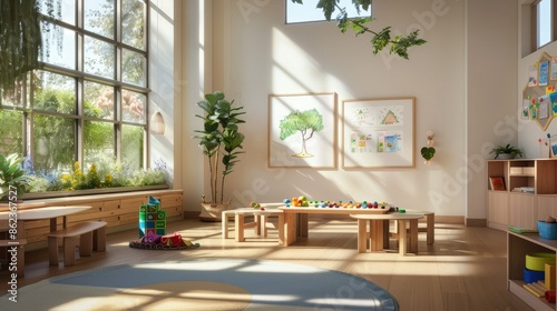 Cozy and well-organized early learning classroom featuring a variety of educational toys, colorful charts, and natural light, promoting a stimulating and nurturing atmosphere for young learners.