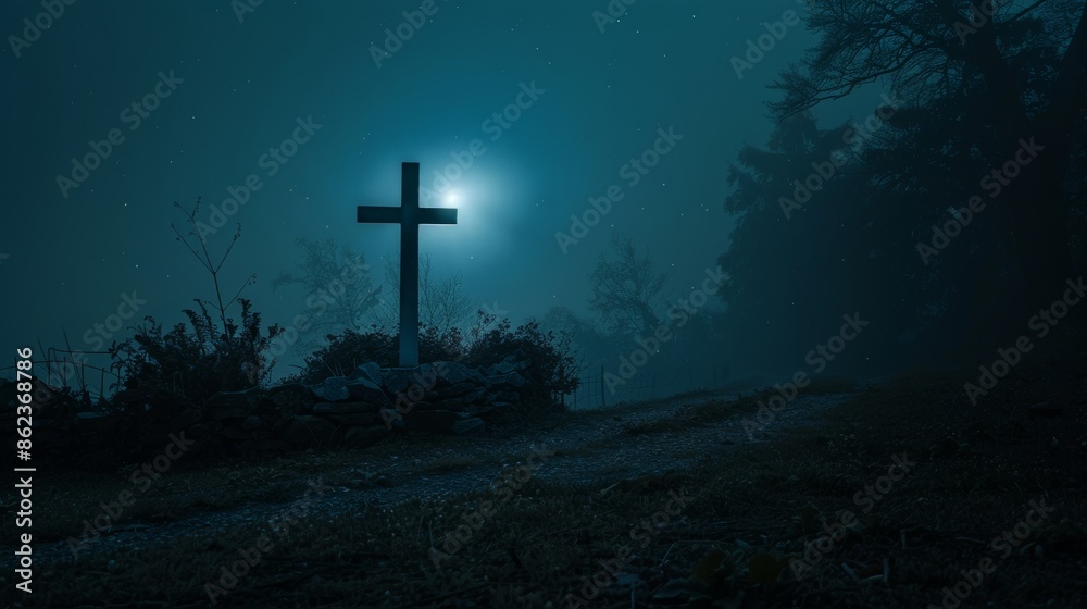 Enigmatic Nighttime Cross Illuminated Under Starry Sky Stock Image Suitable for Backgrounds. Enigmatic Nighttime Cross Illuminated Under Starry Sky Stock Image Suitable for Backgrounds.