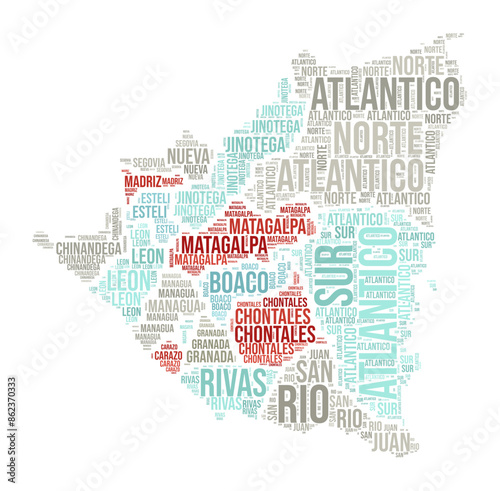 Nicaragua word cloud in the shape of the country with region divisions. Typography style vector illustration featuring region names.