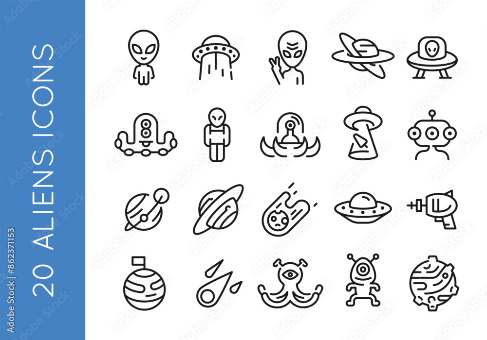 Alien icons. Set of 20 Alien trendy minimal icons. Example: UFO, alien waving, Saturn, alien spaceship, Ray gun. Design signs for web page, mobile app, packaging design. Vector illustration. Alien icons. Set of 20 Alien trendy minimal icons. Example: UFO, alien waving, Saturn, alien spaceship, Ray gun. Design signs for web page, mobile app, packaging design. Vector illustration.