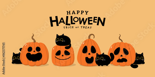 Happy halloween wallpaper and greeting card. Spooky pumpkin with cute black cats. Holidays cartoon character. -Vecto