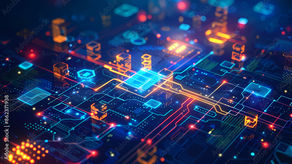 Fototapeta premium Abstract digital circuit board with glowing lights showcasing futuristic technology and data flow.