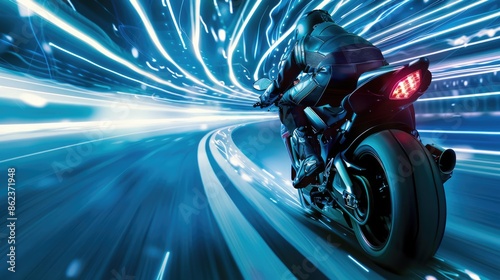 Back view of professional smart motorbike driver wearing helmet while driving in high speed surrounded with neon light at futuristic cityscape and skyscraper at night time. Blurring background. AIG42. photo