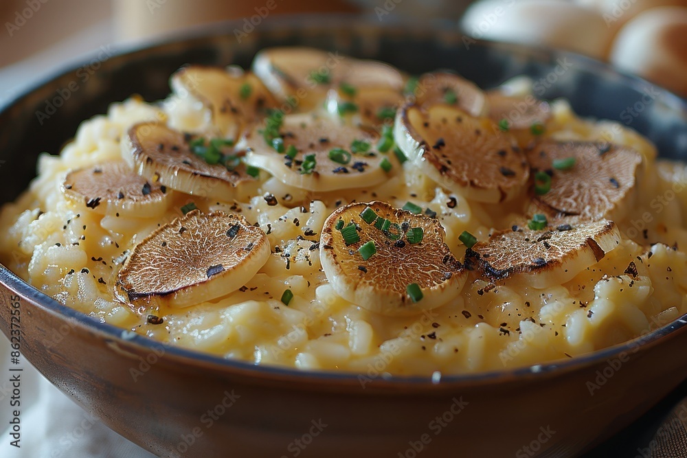A gourmet risotto made with saffron and topped with a generous portion of shaved white truffles. A gourmet risotto made with saffron and topped with a generous portion of shaved white truffles.