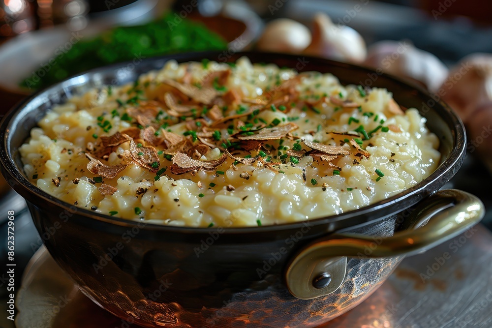 A gourmet risotto made with saffron and topped with a generous portion of shaved white truffles. 