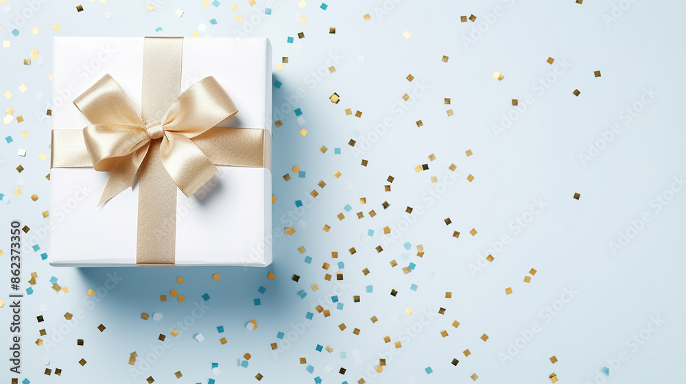 White gift box with golden ribbon bow on blue background with confetti stars. Christmas present, valentine day surprise, birthday concept. Flat lay, top view, copy space.