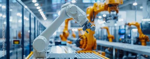 High-tech factory with robotic arms and advanced automated assembly line