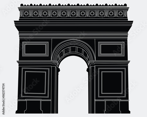 Silhouette of Arc de triomphe, Paris. front view, black style isolated on light background. Around the world. France country symbol stock vector illustration. Editable. EPS 10