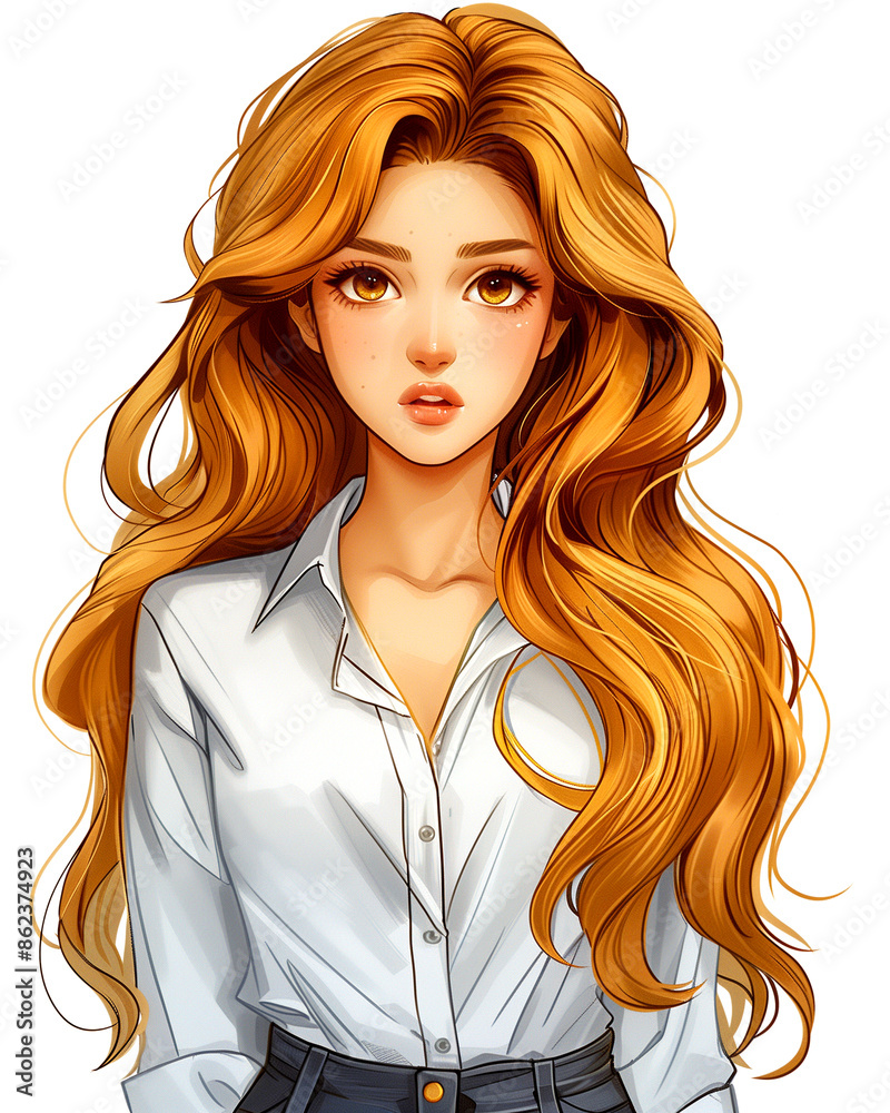 Obraz premium A woman with long brown hair and a white shirt. She has a surprised expression on her face
