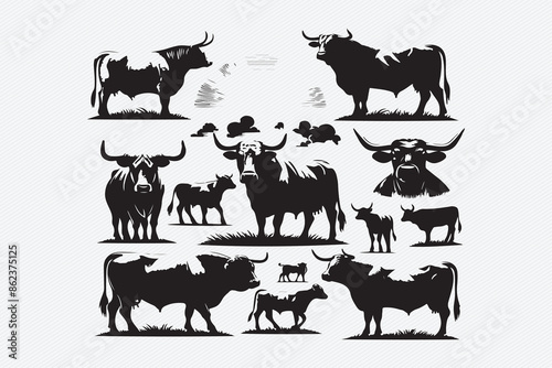 A series of images of cattle and a cow with horns silhouette.