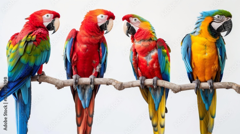 Four colorful parrots perched on a branch, studio shot Four colorful parrots perched on a branch, studio shot