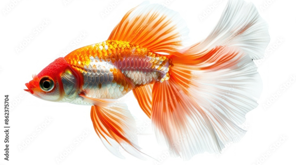 Fototapeta premium photograph of Beautiful colorful goldfish with many details on transparent white background.
