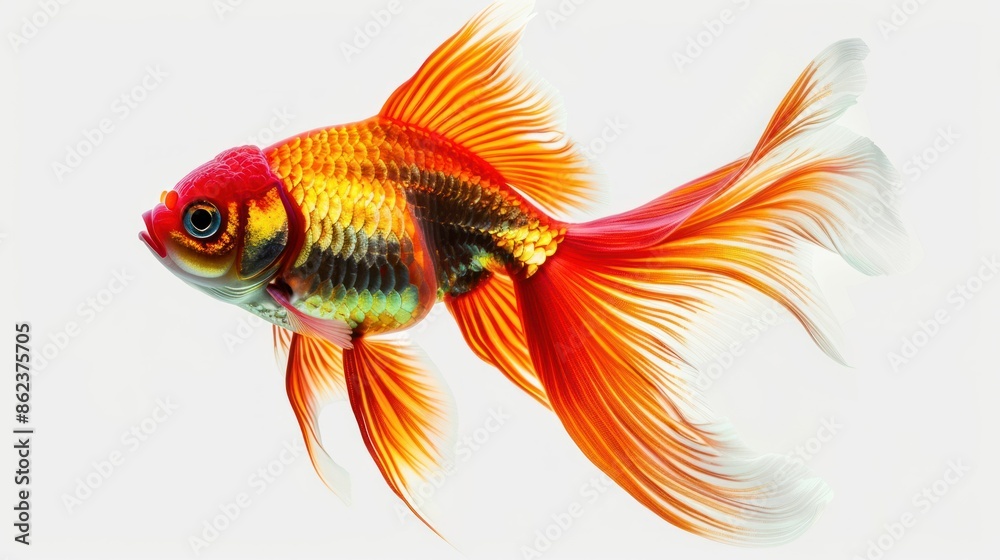 Fototapeta premium photograph of Beautiful colorful goldfish with many details on transparent white background.
