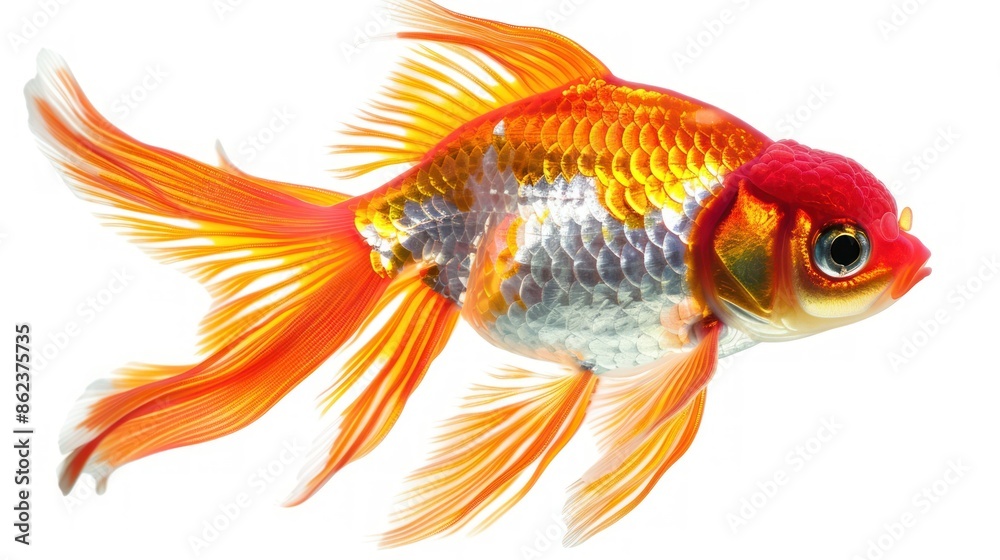 photograph of Beautiful colorful goldfish with many details on transparent white background. photograph of Beautiful colorful goldfish with many details on transparent white background.
