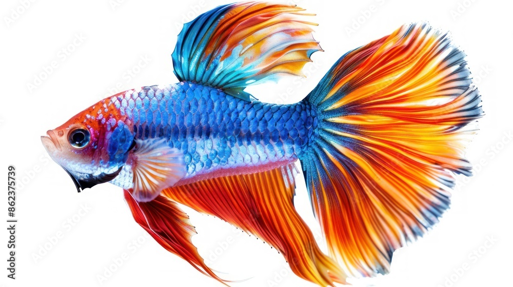 Fototapeta premium photograph of Beautiful colorful goldfish with many details on transparent white background.