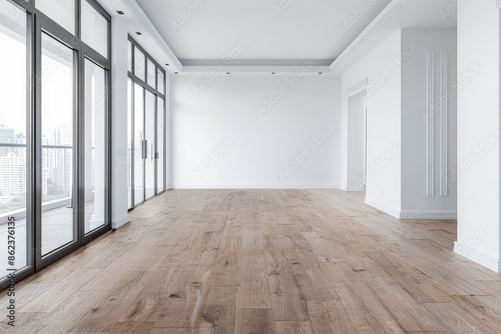 Obraz premium Empty room interiors in a property with no people and minimal furniture arrangements. Residential luxury Real Estate development concept image.