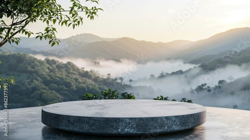 Stone podium outdoors floor at sunrise with beautiful misty mountain nature landscape background.Cosmetic product placement pedestal present stand display,summer paradise concept. Generative ai