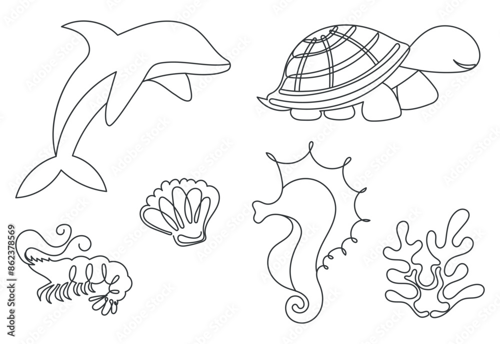Fototapeta premium A set of silhouettes of sea creatures on a white background in a continuous line.