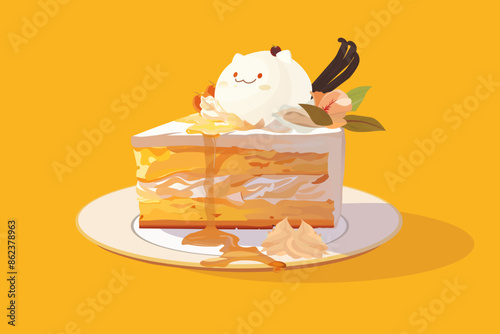 Slice of vanilla sponge cake seem like orange cake with cute pudding on top.