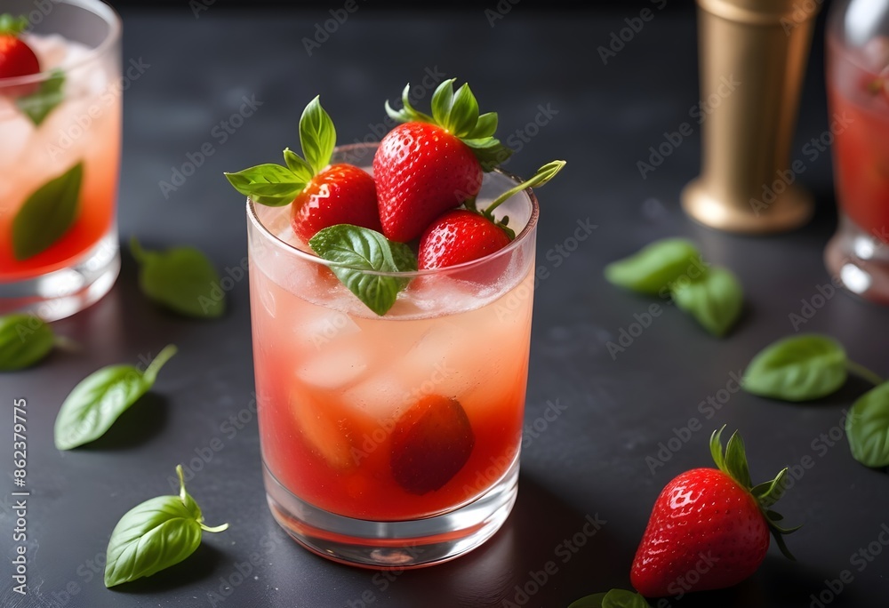 Refreshing strawberry champagne with basil and pieces of fruit Refreshing strawberry champagne with basil and pieces of fruit