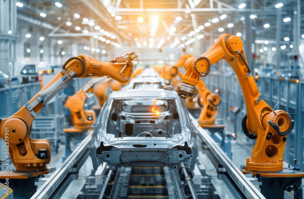 Automated car production line with robotic arms in a modern factory environment