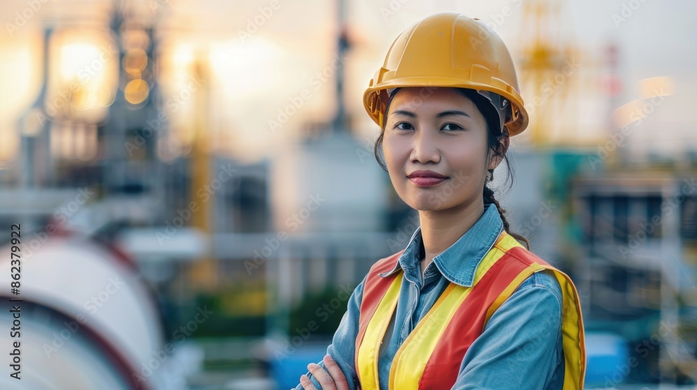 A professional female engineer wearing a safety suit and hard helmet stands confidently working on an industrial roof. A professional female engineer wearing a safety suit and hard helmet stands confidently working on an industrial roof.