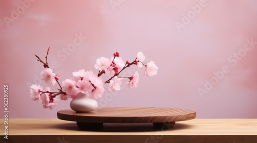 Cosmetic background. Wooden table and cherry blossoms for product presentation. Spring pink sakura branch with on a stand.