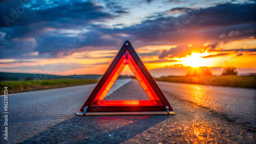 Reflective red warning triangle positioned on asphalt road in twilight to signal a breakdown or hazard