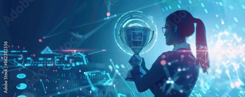 Silhouette of a woman holding a trophy in a digital, futuristic environment, symbolizing achievement in technology and innovation.