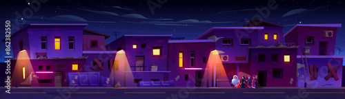 Night ghetto city street and children on Halloween. Old abandoned house in apocalypse town with teenager in haloween costume at nighttime. Poor cityscape with destroyed building wall panorama