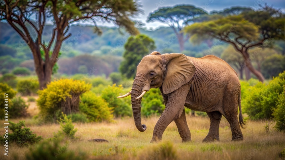 Obraz premium Elephant in the Wild Blur: A lone elephant walking in the wild, with a blurred background of bushes and trees. 