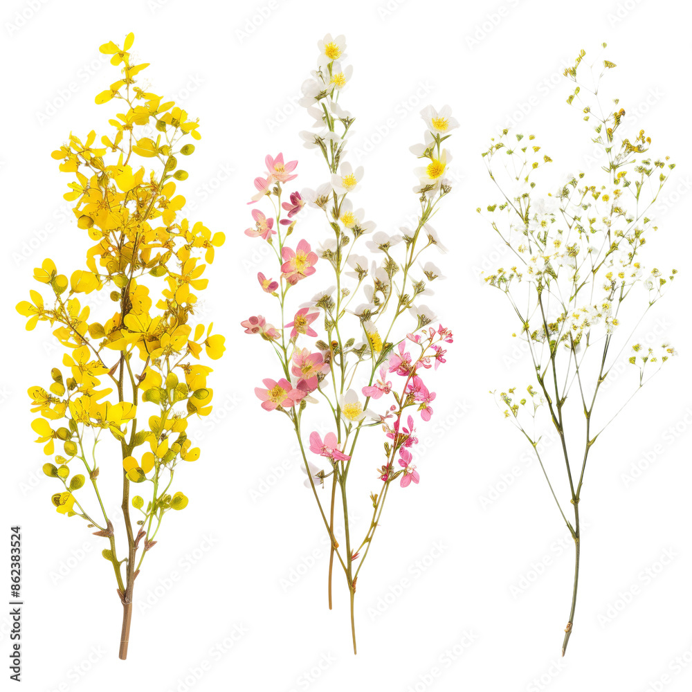 Charming Sprigs Collection: Yellow Berberis Thunbergii, Pink Chamelaucium, and White Gypsophila - Isolated on transparent background, png file Charming Sprigs Collection: Yellow Berberis Thunbergii, Pink Chamelaucium, and White Gypsophila - Isolated on transparent background, png file