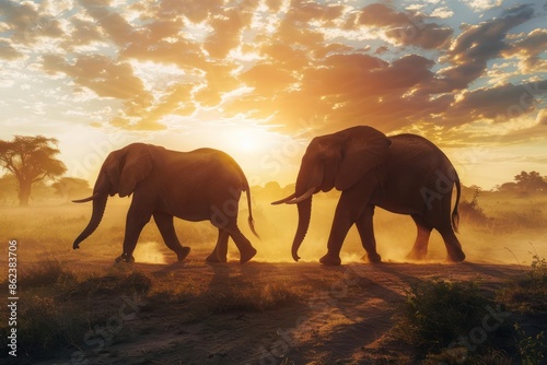 A pair of elephants crossing a sunlit African savanna, their massive silhouettes contrasting against the bright sky. The dusty ground and scattered greenery create a striking backdrop. © saadulhaq